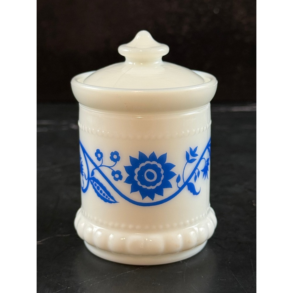 VTG Mini Hazel Atlas Milk Glass Jar with Lid Blue Floral Design 4x2.5in